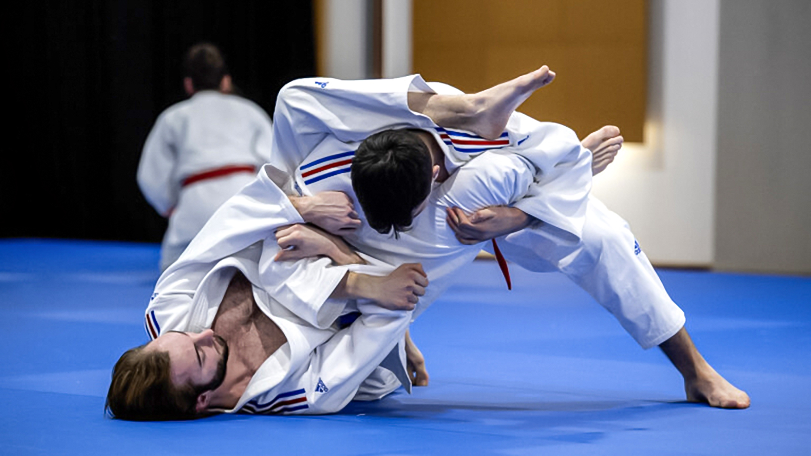 Deux jujitsukas se battent au sol. L'un des jujitsukas essaie de faire un étranglement.