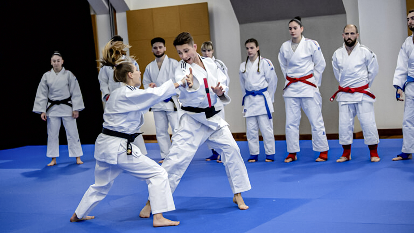 Lors d'un cours de Ju-Jitsu, une jujitsuka pare una attaque au couteau d'un jujitsuka.